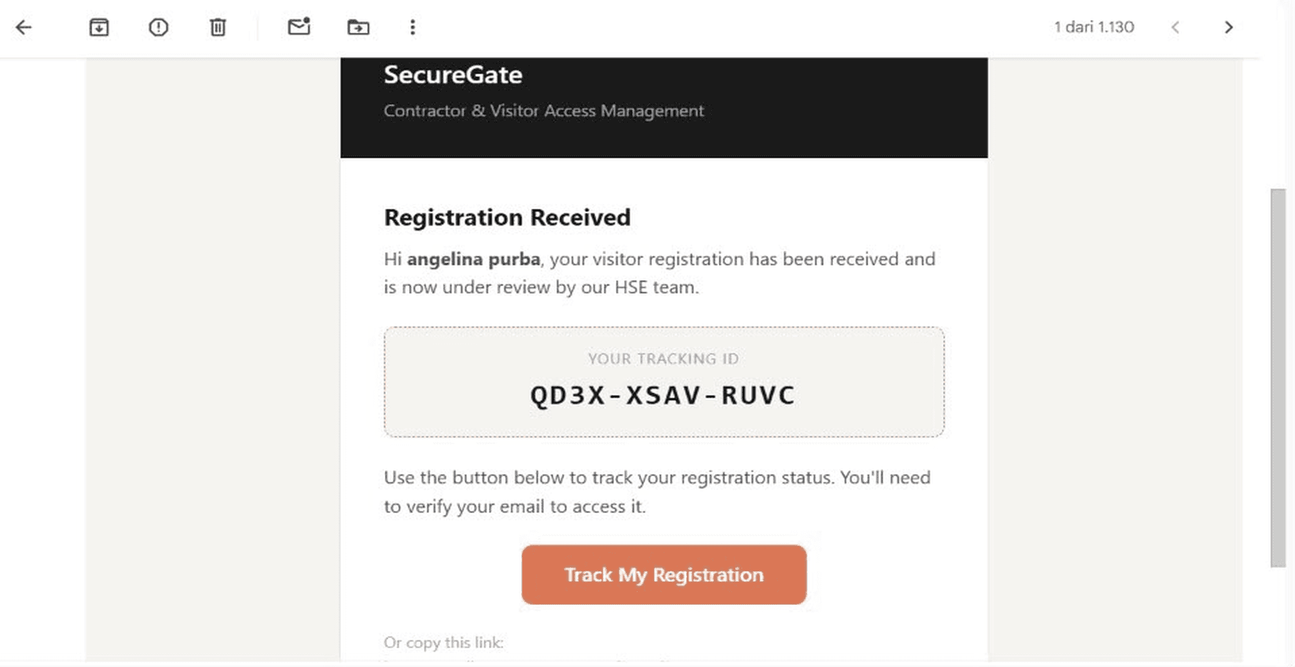 Email with tracking ID